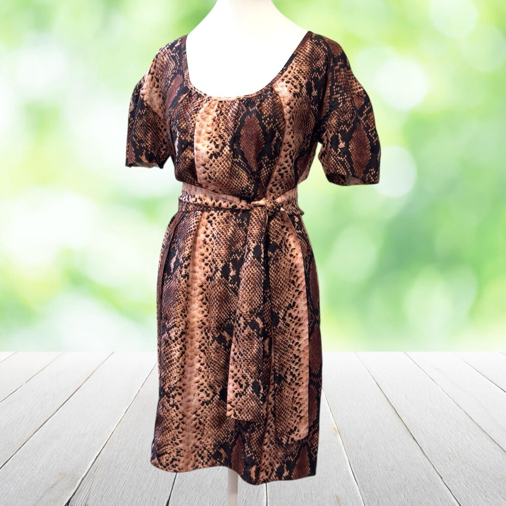 New WITCHERY Silk Blend Snake Print Dress Belted Short Sleeve Brown Boho Size XS